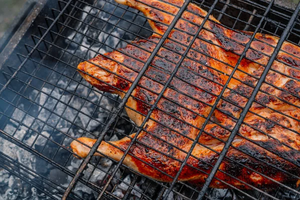 Cottura a carbone pollo alla griglia brazier natura aria fresca — Foto Stock