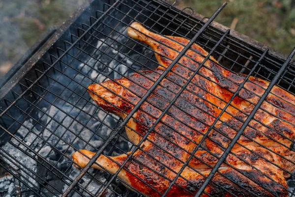 Charbon de bois cuisson poulet grillé brasero nature air frais — Photo