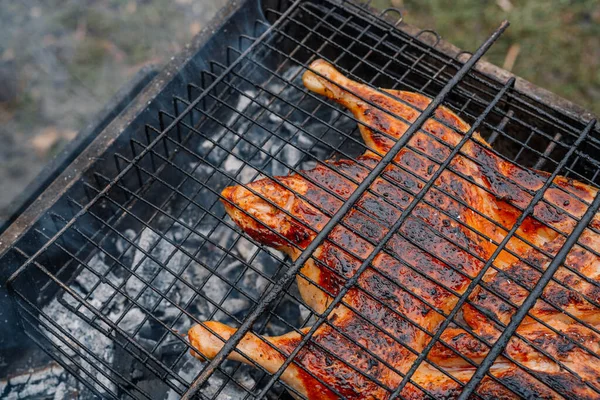 Carbón cocinar pollo a la parrilla brasero naturaleza aire fresco — Foto de Stock