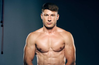 Atletik erkek üstsüz kas geliştirici koyu arkaplan