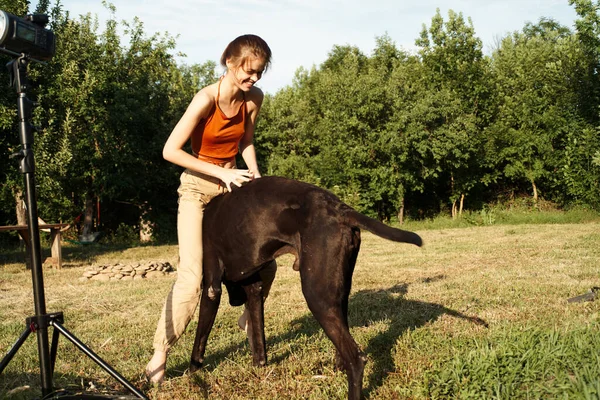 우정의 밭에서 밖에서 개를 치고 있는 쾌활 한 여자 — 스톡 사진