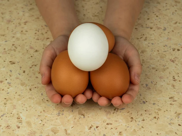 Beaux œufs de poulet dans les mains des enfants. Vue d'en haut. Concentration sélective. — Photo