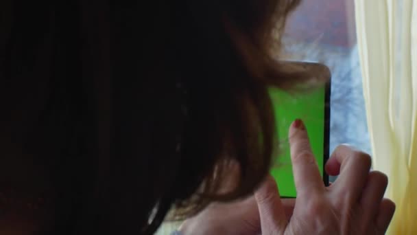 Close Female Hands Holding Smartphone Touching Screen Chroma Key Green — Vídeos de Stock