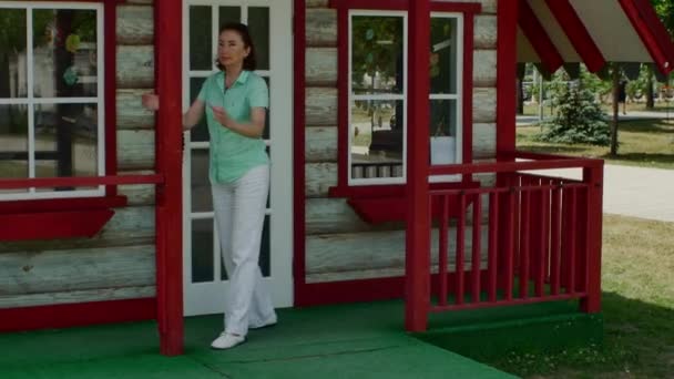 Female Beautiful White Trousers Poses Porch Small Beautiful House Country — Stockvideo