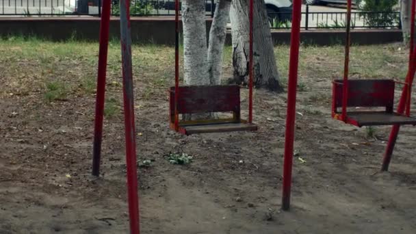 Empty Red Metal Swings Modern Playground Childrens Playground City Park — ストック動画