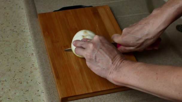 Close Female Hands Cutting Fresh Onions Wooden Cutting Board Kitchen — Stock video