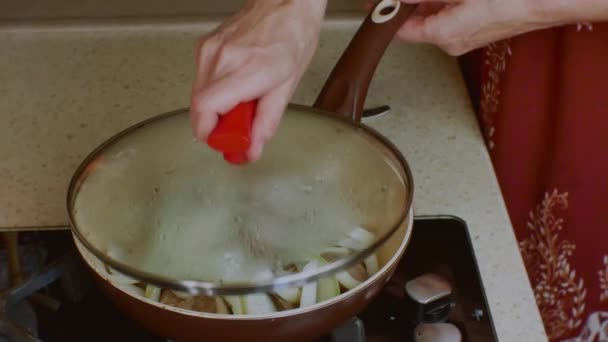 Woman Home Kitchen Mixes Livers White Onions Fried Frying Pan — Stock video