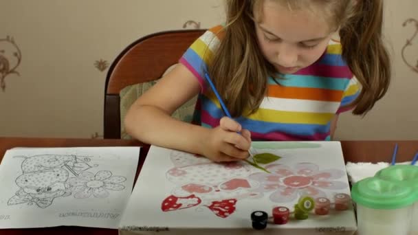 Pretty Little Artist Paints Watercolor White Paper While Sitting Table — Stock Video