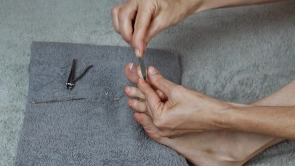 Μια Γυναίκα Γυαλίζει Νύχια Της Λίμα Νυχιών Όμορφη Διαδικασία Φροντίδας — Αρχείο Βίντεο