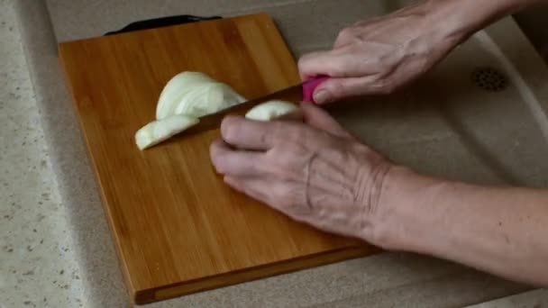 Close Female Hands Cutting Fresh Onions Wooden Cutting Board Kitchen — Vídeo de Stock