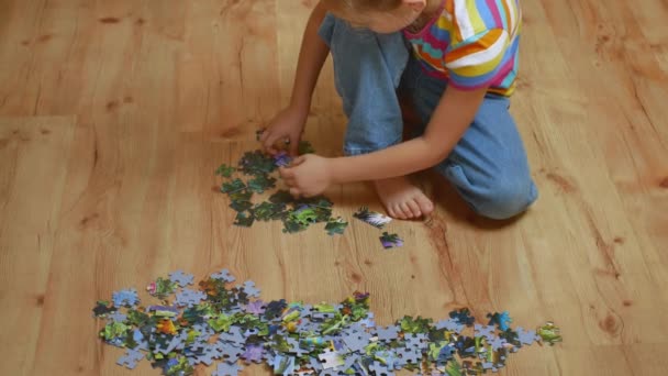 Cute Little Girl Collects Puzzles Sitting Wooden Floor Childrens Leisure — Stock videók