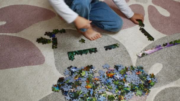 Girl Sitting Rug Chooses Colorful Puzzle Pieces Sorts Them Preschool — Stock videók