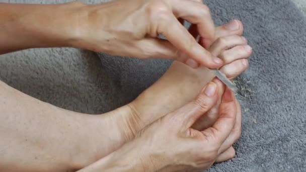 Woman Massages Her Toes Pedicure Foot Care Concept Healthy Legs — Video Stock