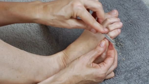 Woman Massages Her Toes Pedicure Foot Care Concept Healthy Legs — Stock videók