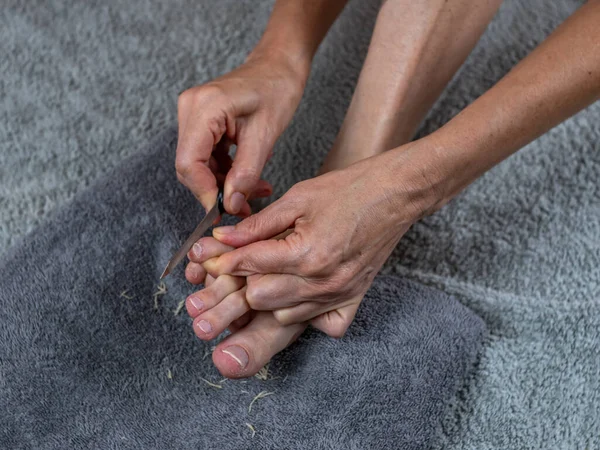 A grown woman gives herself a pedicure. Close-up. The concept of care for the female body.