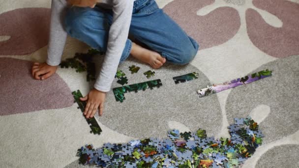 Girl Sitting Rug Chooses Colorful Puzzle Pieces Sorts Them Preschool — Stock videók