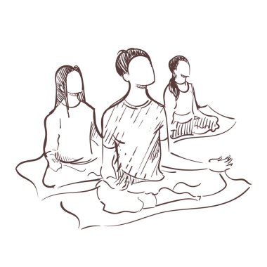 meditating people on mats practice yoga vipassana sketch hand drawn