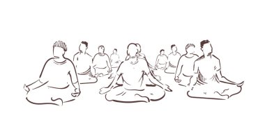 Many meditating people practice yoga vipassana kriya sketch hand drawn
