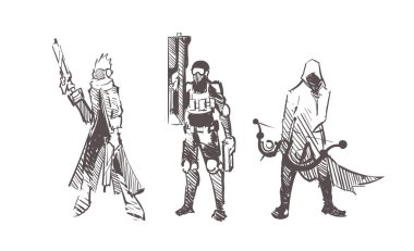 Sci-fi shooter soldiers: submachine gunners, archer and shooter sketch hand drawn