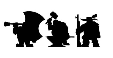 Gnome and dwarfs: blacksmith, gunslinger and warrior silhouette