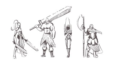 Sketch drawing of warriors with different weapons clipart