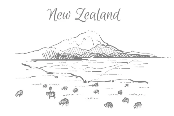 Nuevo Zealand Paisaje Boceto Dibujado Mano Vector — Vector de stock