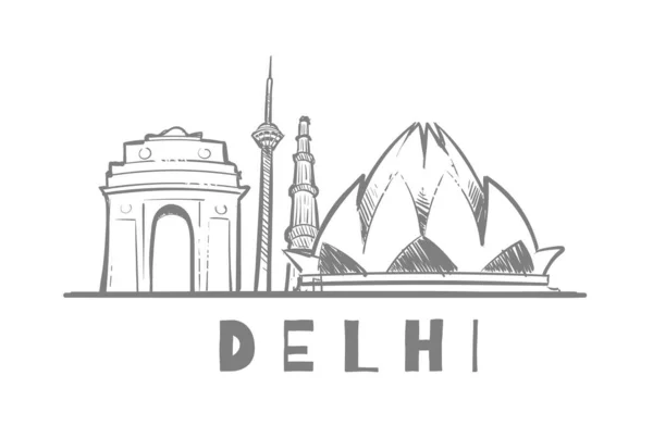 Delhi Paisaje Urbano Puntos Referencia Boceto Dibujado Mano — Vector de stock
