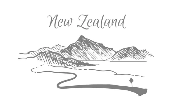 New Zealand Landscape Sketch Hand Drawn — Stock Vector