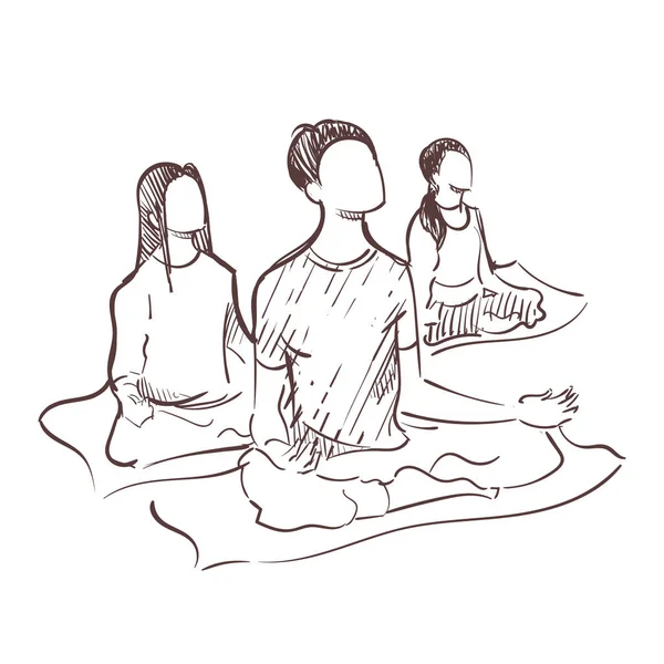 Meditating People Mats Practice Yoga Vipassana Sketch Hand Drawn — Vetor de Stock