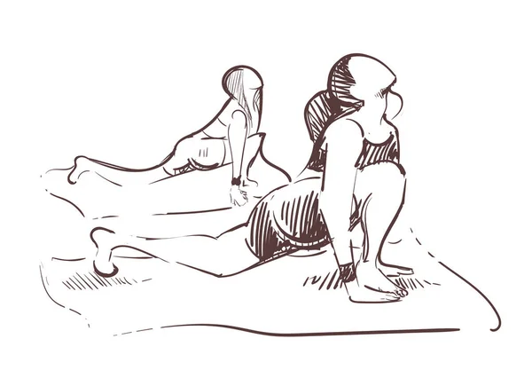 Girl Lying Mat Practicing Yoga Vipassana Sketch Hand Drawn — 스톡 벡터