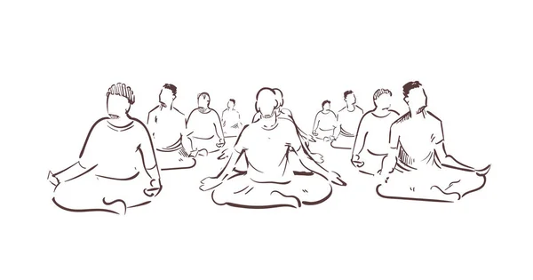 Many Meditating People Practice Yoga Vipassana Kriya Sketch Hand Drawn — стоковый вектор