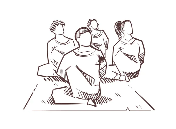 マットの上の瞑想の人々はヨガのヴィパッサナーのスケッチの手を描いたスケッチの手を練習 — ストックベクタ