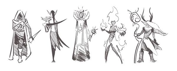 Sketch hand drawn of game races and classes of MMORPG games