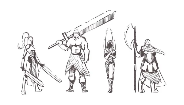 Sketch Drawing Warriors Different Weapons — Archivo Imágenes Vectoriales