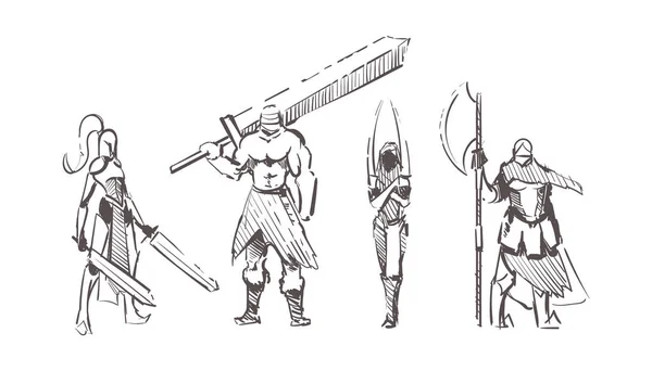 Sketch Drawing Warriors Different Weapons — Stok Vektör