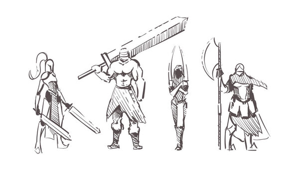 Sketch drawing of warriors with different weapons
