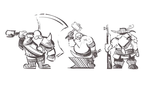Gnome Dwarfs Blacksmith Gunslinger Warrior Sketch Hand Drawn — Stockvektor
