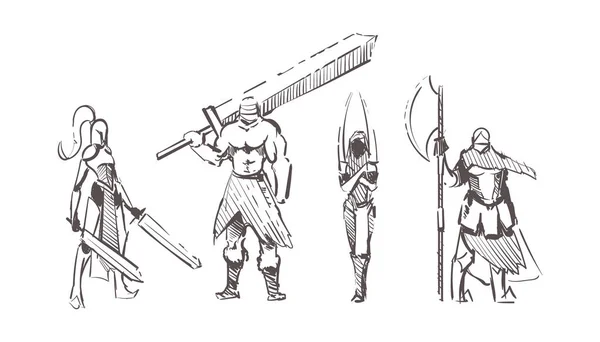 Sketch Drawing Warriors Different Weapons — стоковый вектор