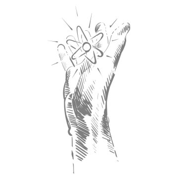 A hand holding a floating atom. Sketch hand drawn