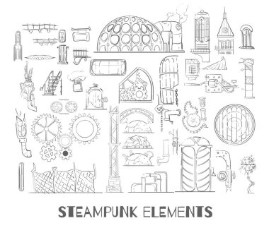 Steampunk and factory environment elements sketch hand drawn