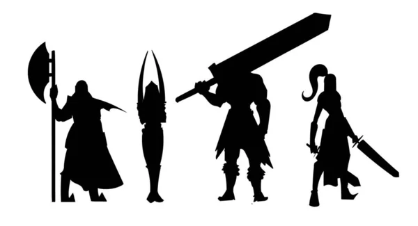 Silhouette Warriors Different Weapons — Stok Vektör