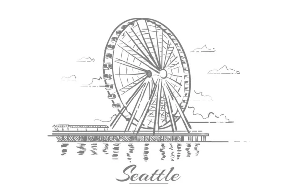Seattle Ferris Wheel Sketch Hand Drawn — Vetor de Stock