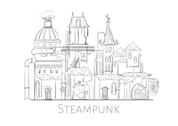 Steampunk Downtown Cityscape Sketch Hand Drawn — Archivo Imágenes Vectoriales