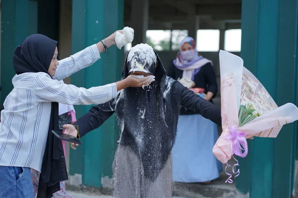 Girl Thrown Flour Her Birthday — 스톡 사진