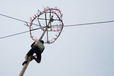 77. Endonezya Bağımsızlık Günü 'nü kutlamak için gökyüzü bulutluyken Areca tırmanışı yarışması