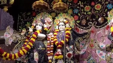 Tanrı Krishna ve Radha Rani 'nin güzel elbiseleri. İkisinin de güzel makyajı büyüleyici.