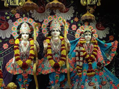 Tanrı Krishna ve Radha Rani 'nin güzel elbiseleri. İkisinin de güzel makyajı büyüleyici.