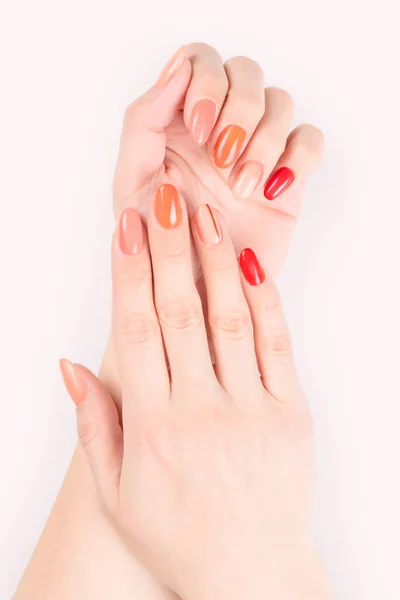 Perfect Woman Hands Red Pink Colored Nail Polish Isolated Pastel — Stock Photo, Image