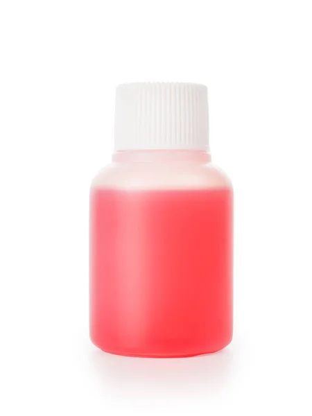 Small White Plastic Bottle Red Liquid Isolated White Clipping Path — Stock Fotó