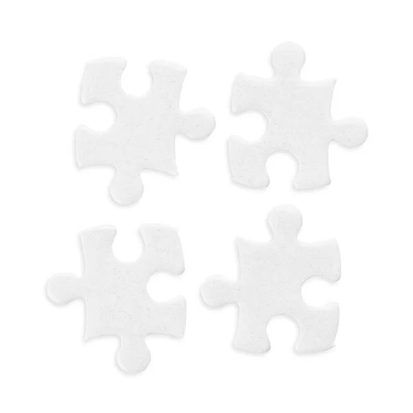 Ensemble Quatre Pièces Puzzle Blanc Isolé Sur Blanc Chemin Coupe — Photo